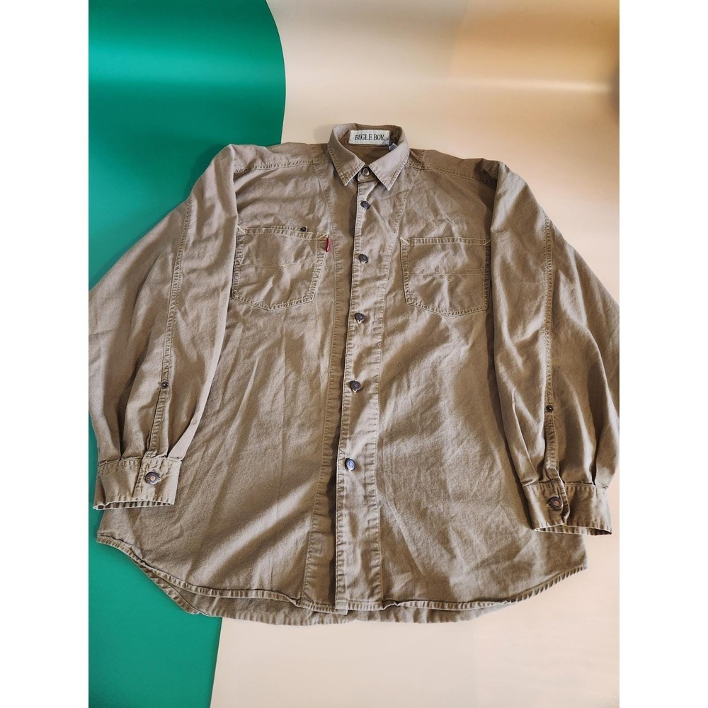 Bugle Boy Button Up Shirt Mens M Brown Cotton Canvas Long Sleeve Utility Relaxed